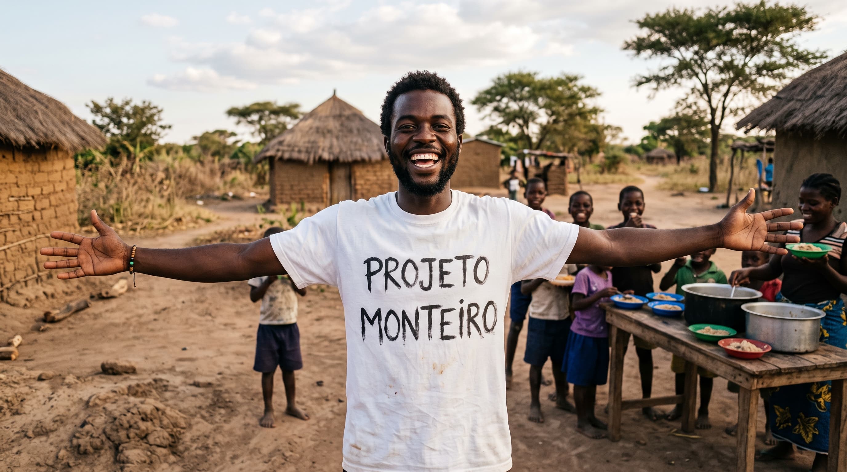 Voluntário do Projeto Monteiro de braços abertos, sorrindo, em uma comunidade em Moçambique onde crianças recebem uma refeição